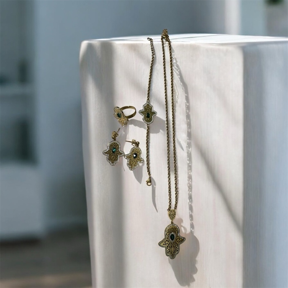 Gold Hamsa Hand Necklace & Earring Set with Green Stone - Women Jewelry